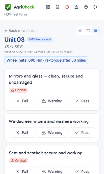 A driver's HGV walk-around check on a phone