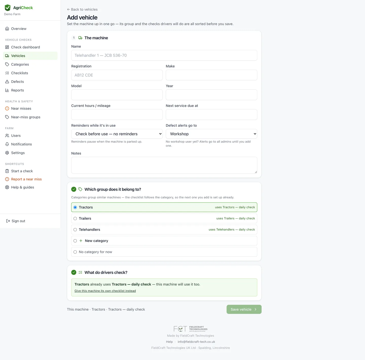 The add-vehicle page: machine details, its group, and the checklist all set up on one page
