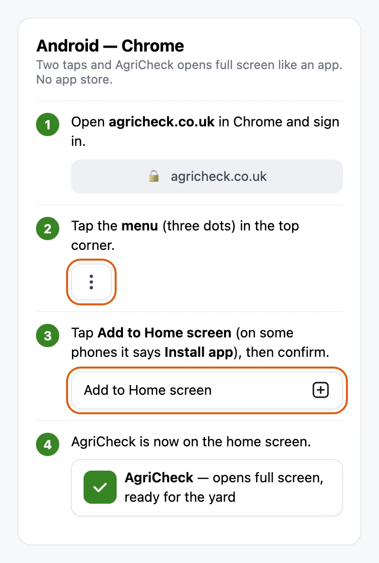 Adding AgriCheck to an Android home screen: open agricheck.co.uk in Chrome, tap the three-dot menu, tap Add to Home screen, then confirm