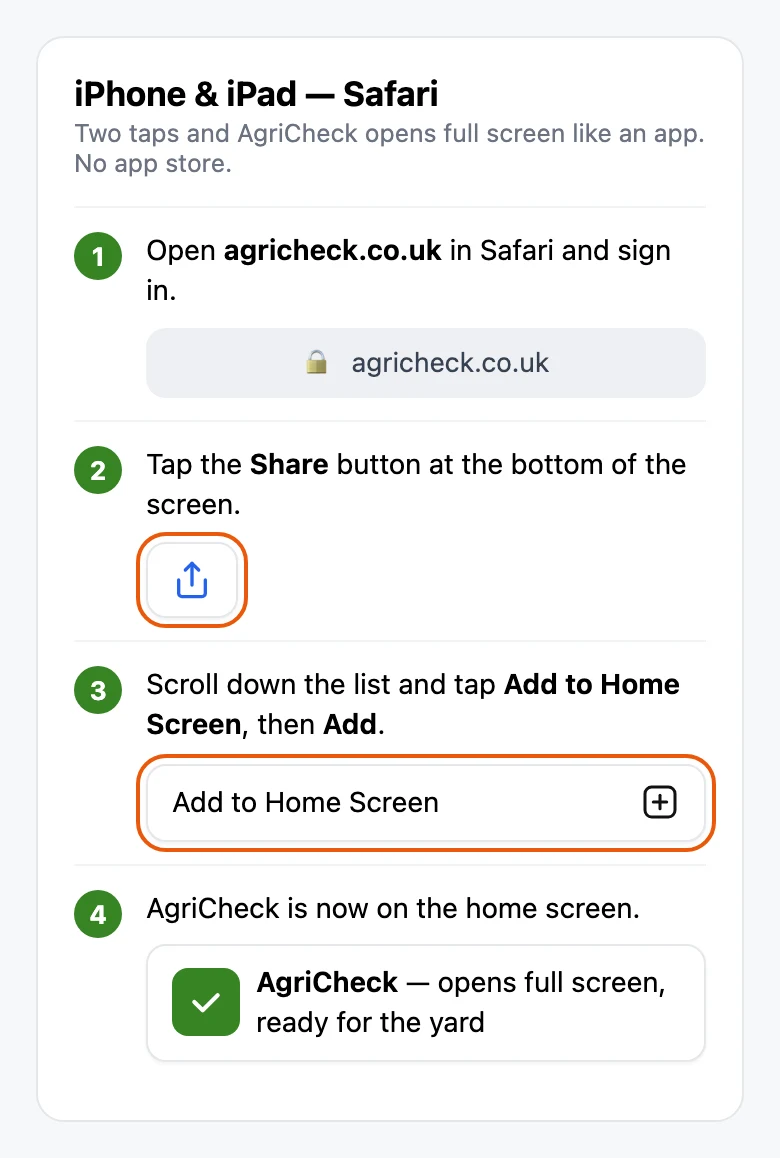 Adding AgriCheck to an iPhone home screen: open agricheck.co.uk in Safari, tap Share, tap Add to Home Screen, then Add