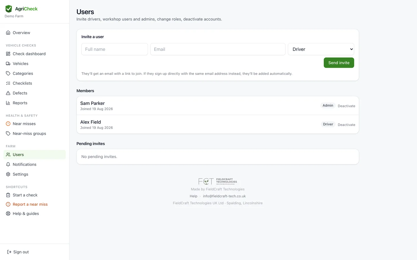 The Users page where admins invite drivers by name, email and role