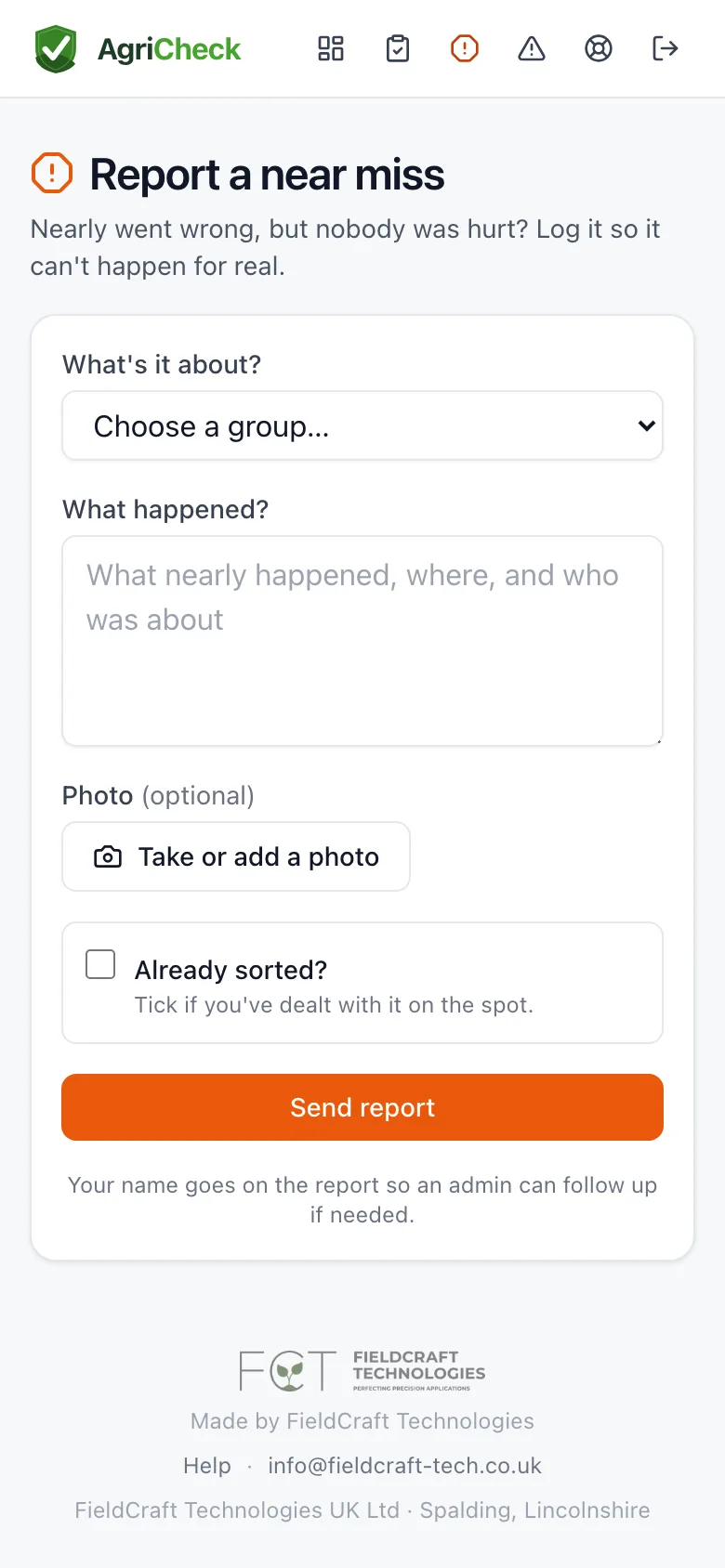 The near-miss report form on a phone: what it's about, what happened, a photo, and an already-sorted tick