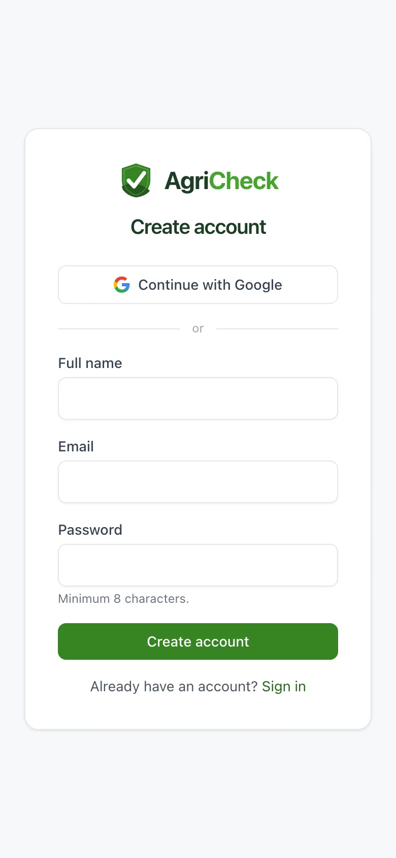 The AgriCheck sign-up screen on a phone, asking for a name, email and password