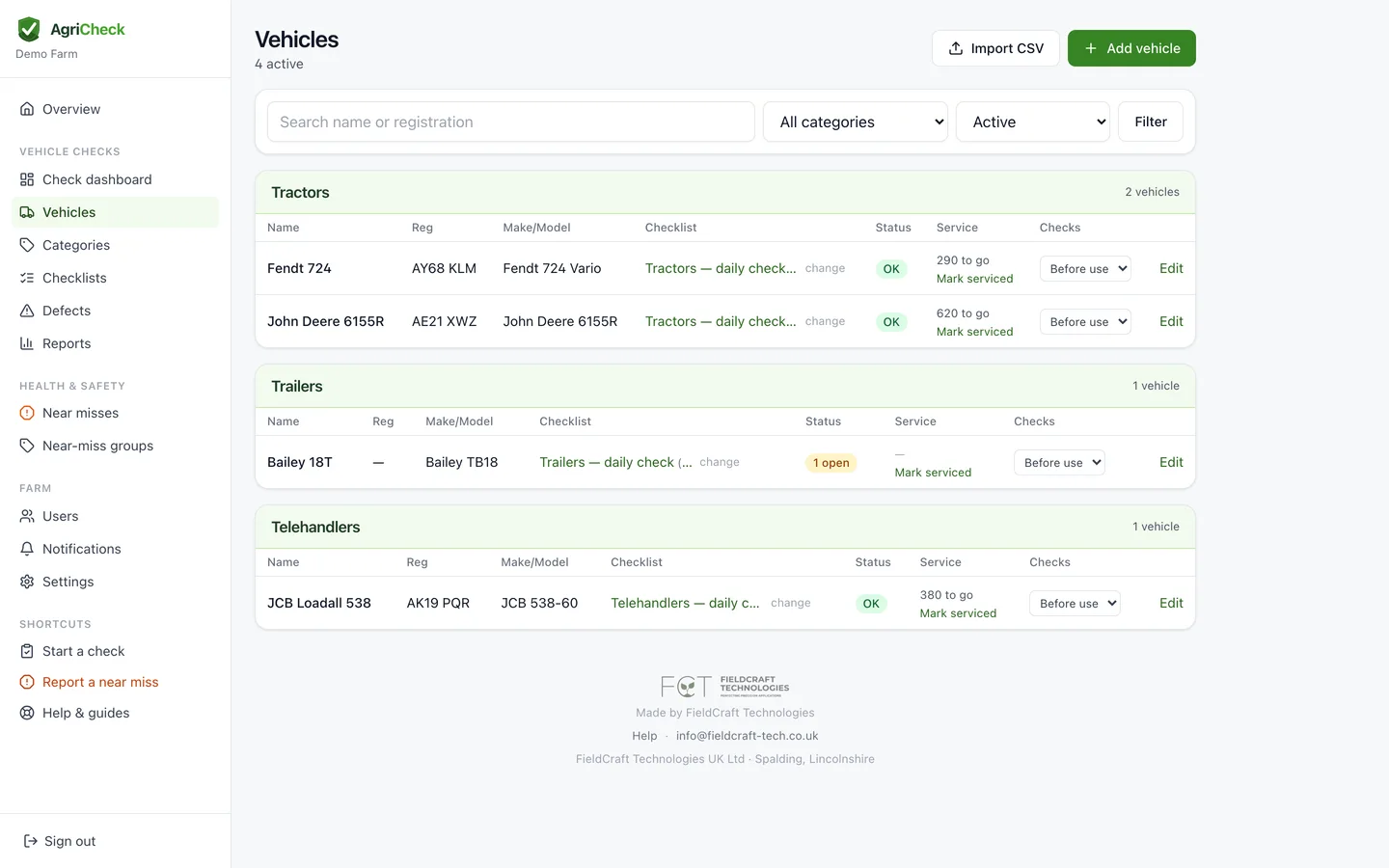 The Vehicles page grouped by category, showing each machine's checklist, status and service due